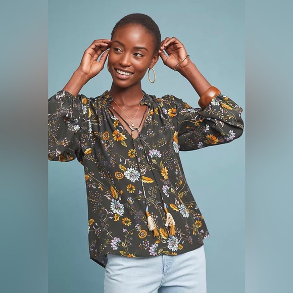 Anthropologie Dolan Boho Hunter Green Floral Ruffle LS Silk Blouse Size Small - Picture 2 of 10